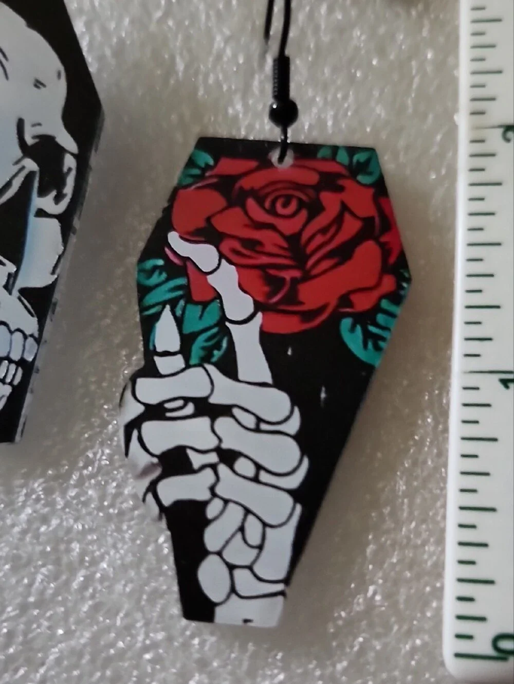 Hand Crafted Red Rose & Skull Coffin Earrings